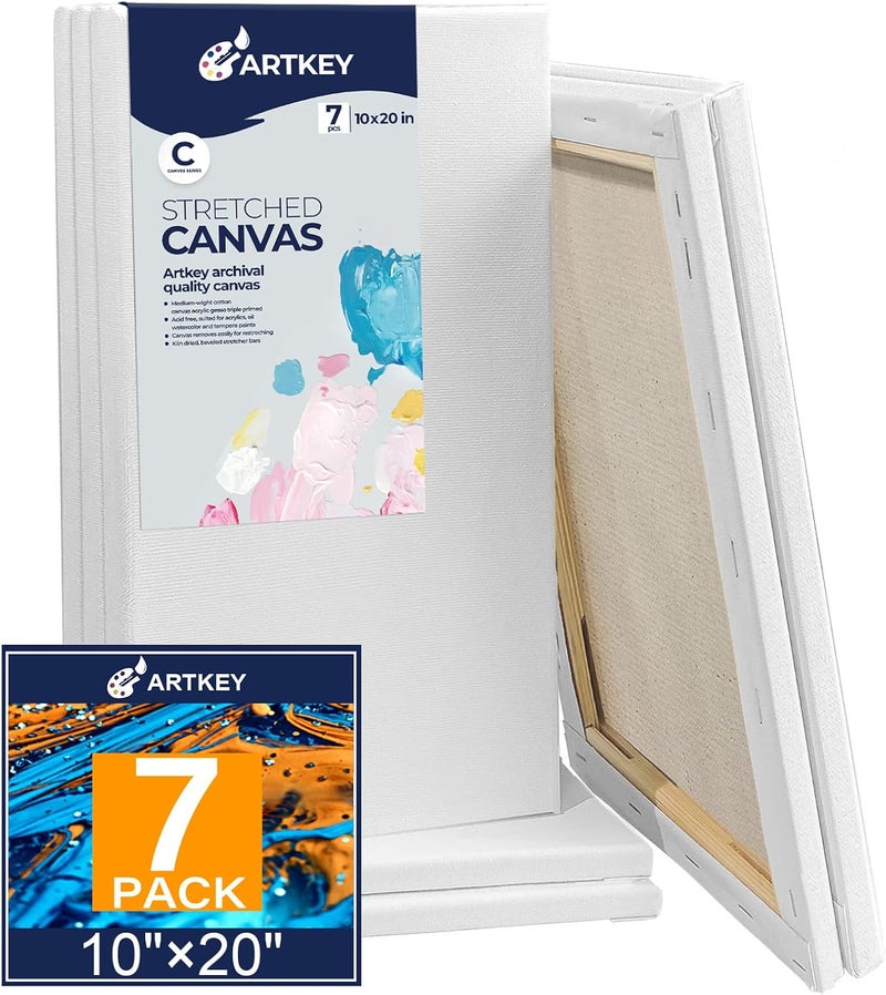 Artkey Stretched Canvases for Painting 10x20 Inch 7-Pack, 10 oz Triple Primed Acid-Free 100% Cotton Blank Canvas, Rectangular Canvas for Oil Paint Acrylics Pouring & Wet Art Media - Image 1